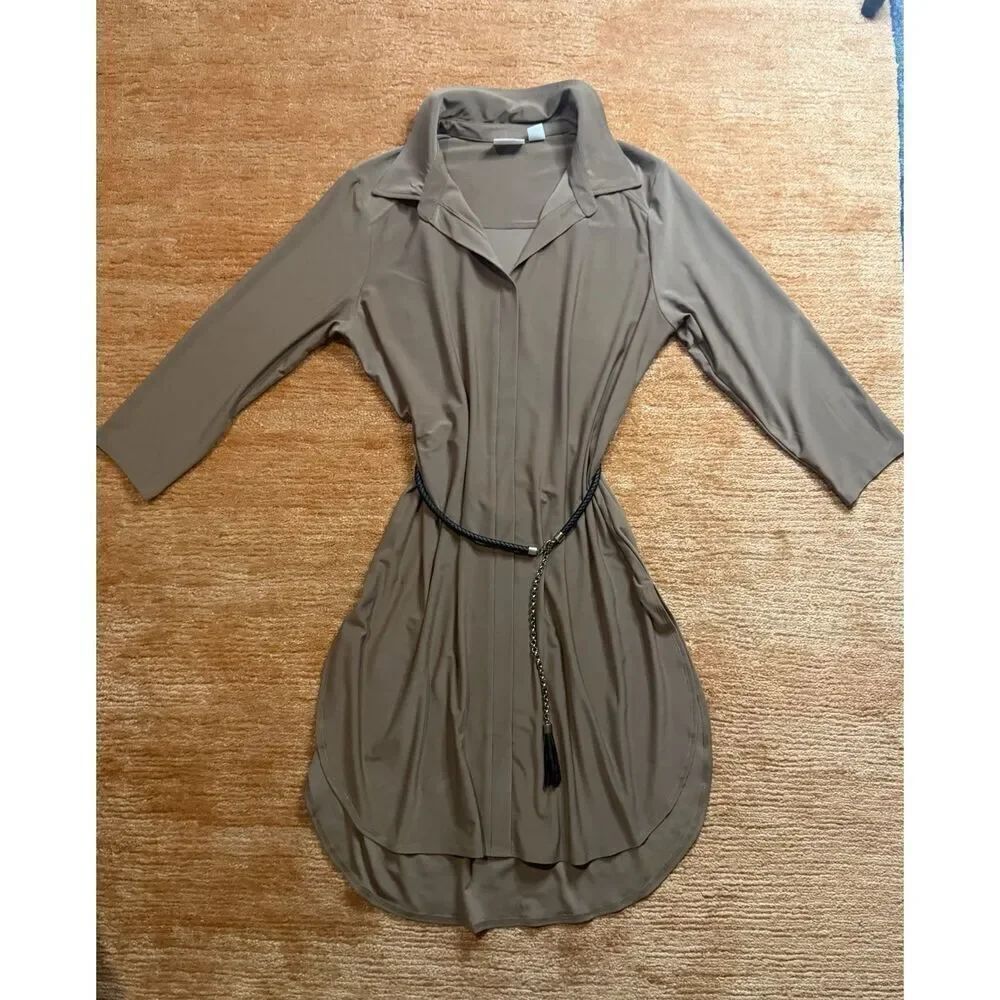 Women Control Tan Knee Length Dress 3/4 Sleeve Faux Placket Size M